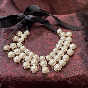 Elegant costume Pearl Necklace with Black Ribbon